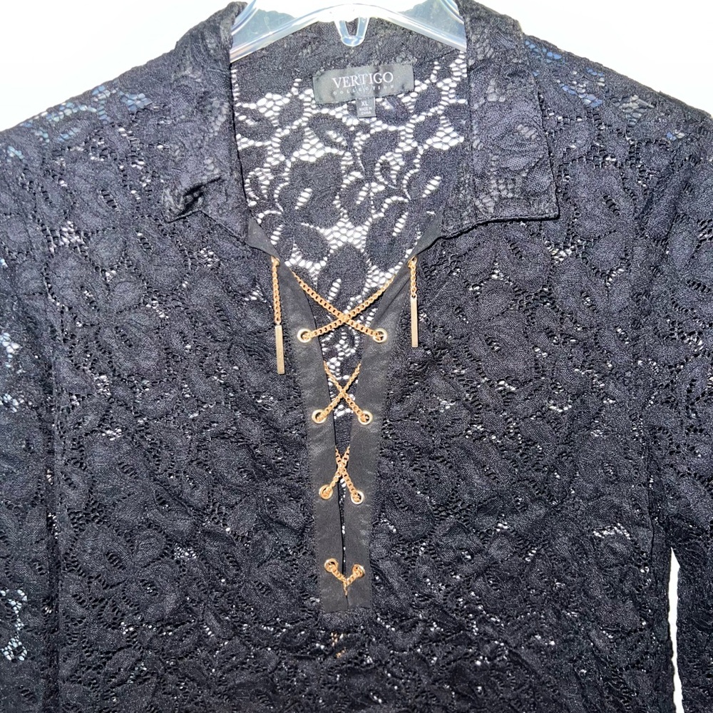 Vertigo Black Lace Blouse With Gold Hardware Lace-Up